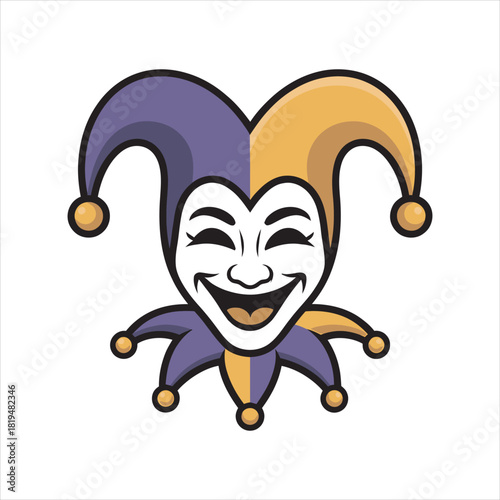 Smiling jester mask with purple and gold hat boasts a transparent background