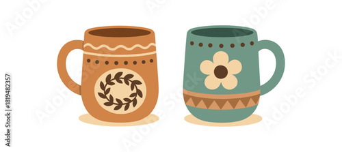 Flat vector illustration 2 ceramic mugs with decorative prints rounded shapes cozy home feel