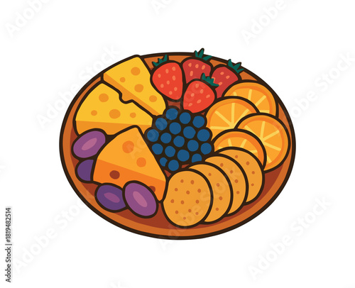 Flat vector illustration of colorful party platter with vivid cheese fruit and crackers rounded forms clean outline