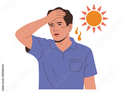 Man experiencing heatstroke with hand on forehead and sun illustration