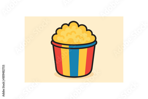Flat vector illustration of bright party popcorn bucket with vivid stripes rounded form minimal details