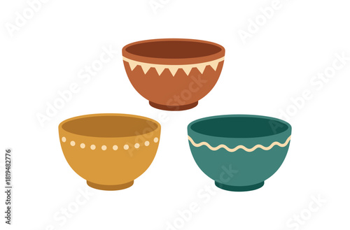 Flat vector illustration ceramic bowls with simple rim patterns rounded forms colorful palette