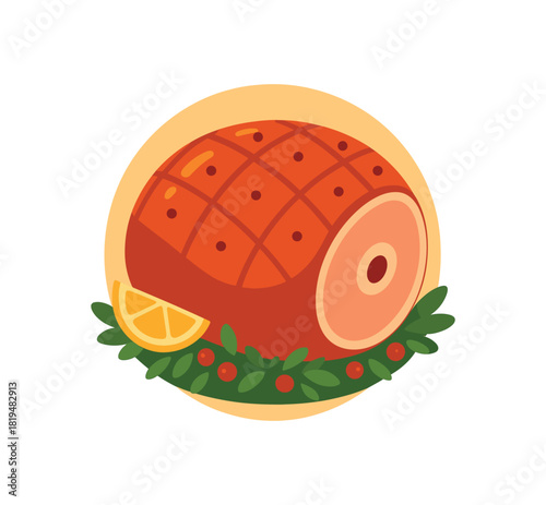 Flat vector illustration of bright holiday roast ham with vivid glaze and garnish rounded form minimal details
