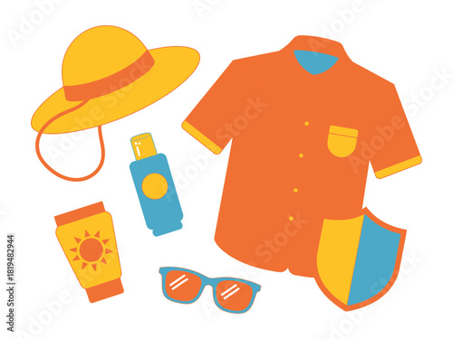 Illustration of summer vacation items including hat shirt and sunscreen