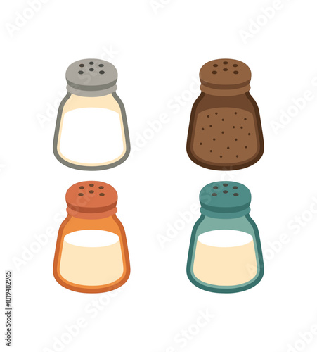 Flat vector illustration 4 salt and pepper shakers with minimal accents rounded forms colorful palette