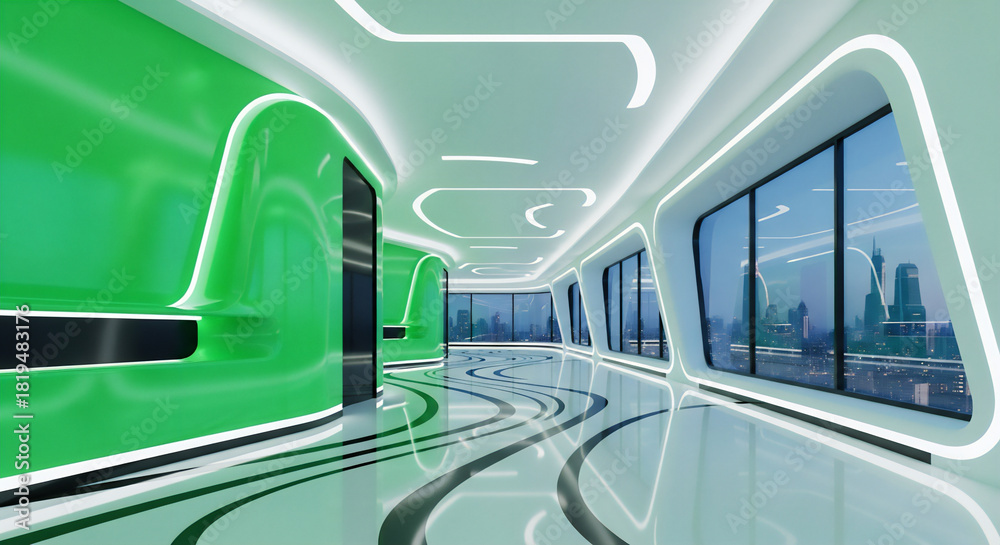 Obraz premium 曲線デザインとグリーンパネルが印象的な近未来的ハイテクインテリア空間 