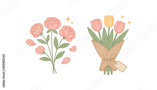 Spring garden flat vector illustration collection of cute blooming icons peonies and tulips bouquet kraft wrap twine tag (blank) petals stars arranged horizontal composition handdrawn