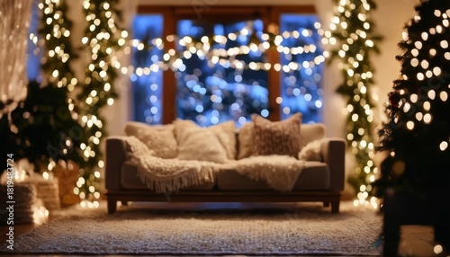 Living room illuminated by fairy lights, camera with soft bokeh in the background, completely out of focus