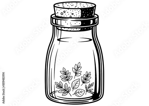 Vector illustration of a glass jar with cork stopper filled with herbal leaves. Hand drawn sketch of kitchen storage container for spices or tea isolated on white background.