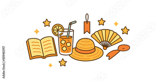 Cozy summer flat vector illustration collection of cute seasonal icons summer reading: book iced tea glass hand fan straw hat bookmark stars arranged horizontal composition handdrawn
