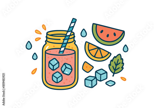 Cozy summer flat vector illustration collection of cute seasonal icons smoothie jar fruit chunks straw mint leaf ice cubes droplets arranged horizontal composition handdrawn outlines bright