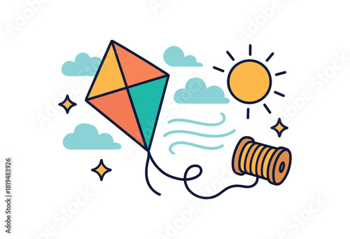 Cozy summer flat vector illustration collection of cute seasonal icons kite spool of string breeze lines clouds sunshine sparkles arranged horizontal composition handdrawn outlines bright