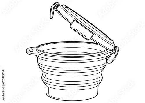 Collapsible silicone food container with lid vector illustration. Foldable round lunch box or camping bowl with locking clips sketch isolated on white background.