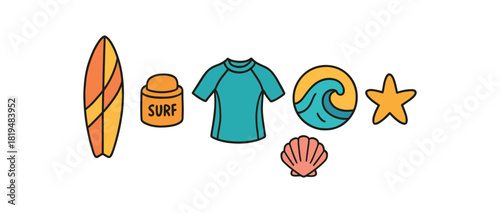 Cozy summer flat vector illustration collection of cute seasonal icons surfboard surf wax rash guard wave icon arranged horizontal composition handdrawn outlines bright color palette