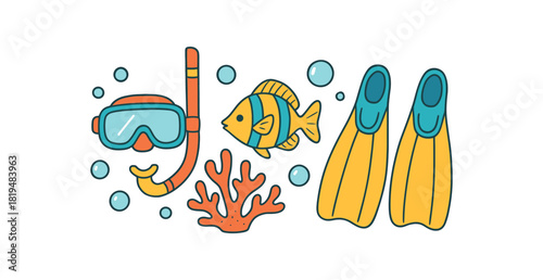 Cozy summer flat vector illustration collection of cute seasonal icons snorkel mask snorkel tube swim fins coral tropical fish icons bubbles arranged horizontal composition handdrawn