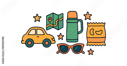 Cozy summer flat vector illustration collection of cute seasonal icons road trip: silhouette road map icon thermos snacks sunglasses stars arranged horizontal composition handdrawn outlines