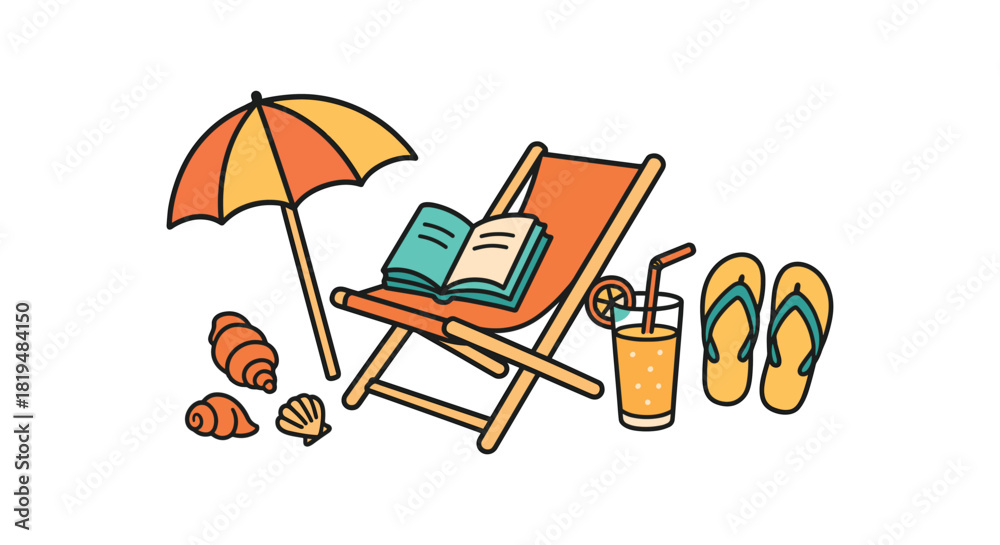 Fototapeta premium Cozy summer flat vector illustration collection of cute seasonal icons beach reading: umbrella lounge chair book cold drink flip flops shells arranged horizontal composition handdrawn
