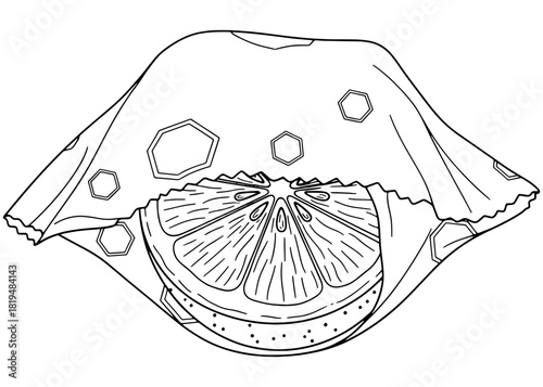 Beeswax food wrap covering a lemon slice vector illustration. Eco friendly reusable zero waste fruit packaging sketch with honeycomb pattern isolated on white background.