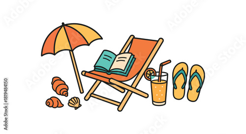 Cozy summer flat vector illustration collection of cute seasonal icons beach reading: umbrella lounge chair book cold drink flip flops shells arranged horizontal composition handdrawn