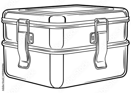 Stainless steel bento box with locking clips vector illustration. Reusable metal lunch container or food storage tiffin sketch isolated on white background.