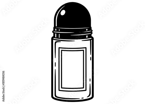 Vector illustration of a roll on deodorant bottle with blank label. Black and white line art sketch of antiperspirant or perfume stick isolated on white background.