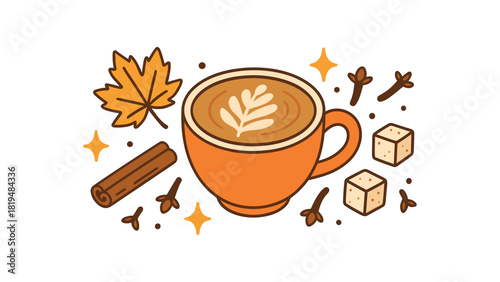 Cozy autumn flat vector illustration collection of cute seasonal icons latte cup latte art leaf cinnamon cloves sugar cubes sparkles arranged horizontal composition handdrawn outlines
