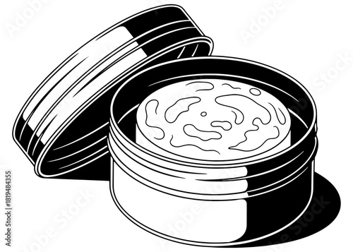 Open round metal tin can vector illustration. Sketch of cosmetic cream, lip balm, beard wax or hair pomade container with lid isolated on white background.