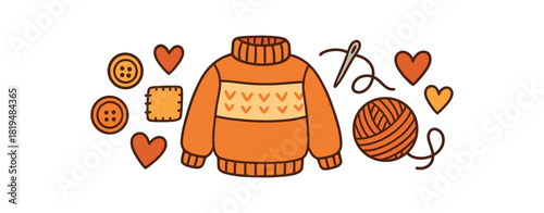 Cozy autumn flat vector illustration collection of cute seasonal icons knitted sweater buttons patch needle and thread yarn ball hearts arranged horizontal composition handdrawn outlines