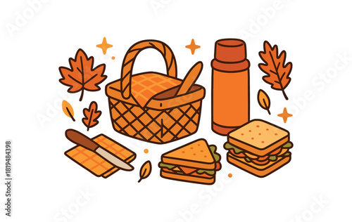Cozy autumn flat vector illustration collection of cute seasonal icons picnic basket thermos sandwiches leaves knife napkins stars arranged horizontal composition handdrawn outlines bright