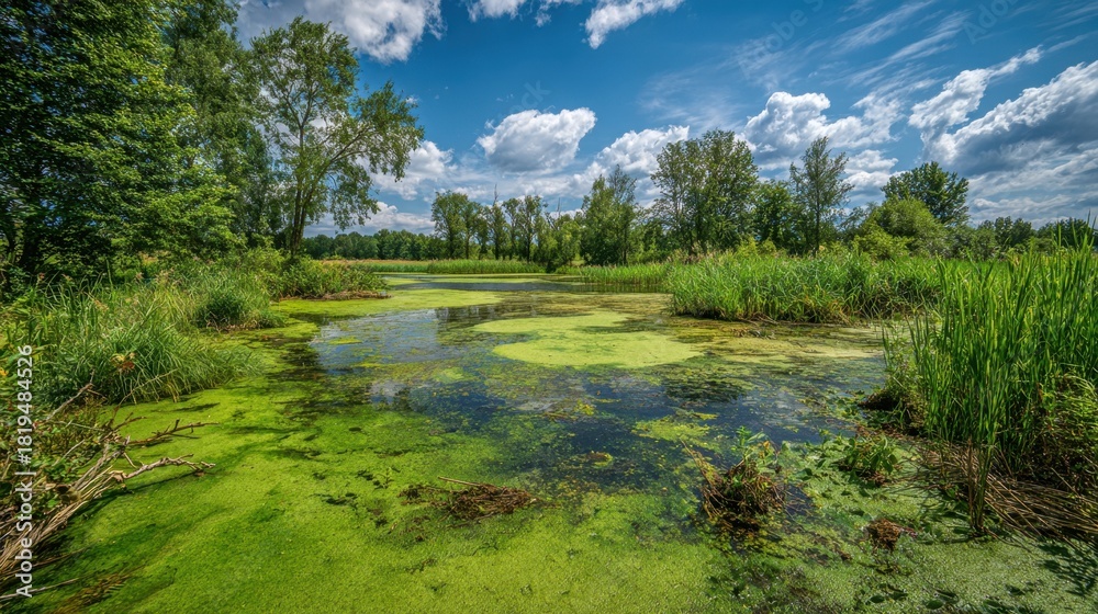 Obraz premium Vibrant wetland area with rich greenery and clear blue sky showcases natures beauty in full bloom.