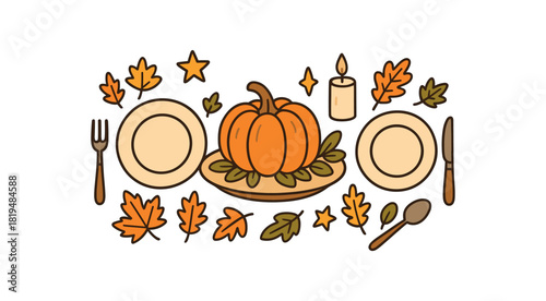 Cozy autumn flat vector illustration collection of cute seasonal icons harvest dinner: plates cutlery candle pumpkin centerpiece leaves stars arranged horizontal composition handdrawn