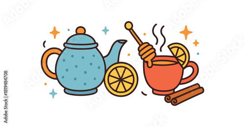 Cozy winter flat vector illustration collection of cute seasonal icons tea pot lemon slice honey dipper tea cup cinnamon sticks sparkles arranged horizontal composition handdrawn outlines