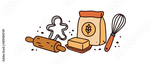 Cozy winter flat vector illustration collection of cute seasonal icons baking set: rolling pin cookie cutter flour bag butter whisk crumbs arranged horizontal composition handdrawn outlines