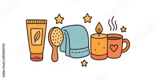 Cozy winter flat vector illustration collection of cute seasonal icons selfcare set: lotion tube brush towel candle cup stars arranged horizontal composition handdrawn outlines bright color