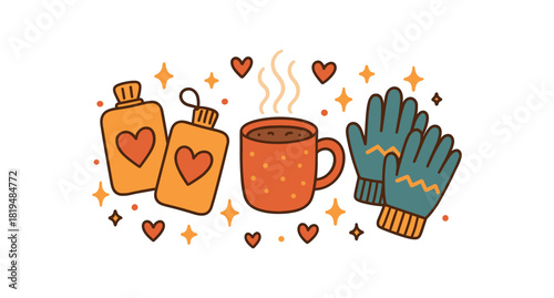 Cozy winter flat vector illustration collection of cute seasonal icons hand warmers wool gloves cocoa mug steam hearts sparkles arranged horizontal composition handdrawn outlines bright
