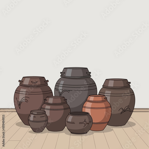Collection of Traditional Korean Pottery Jars on Wooden Surface Illustration