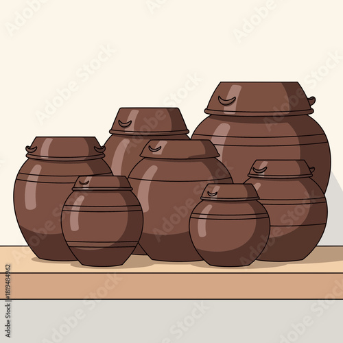 Collection of brown earthenware pots with lids arranged on a shelf neatly