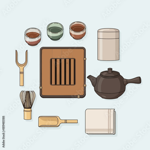 Elegantly arranged traditional japanese tea ceremony set with delicate tools