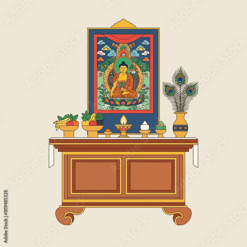 Illustrative Buddhist Shrine with offerings in a serene setting, artistic style