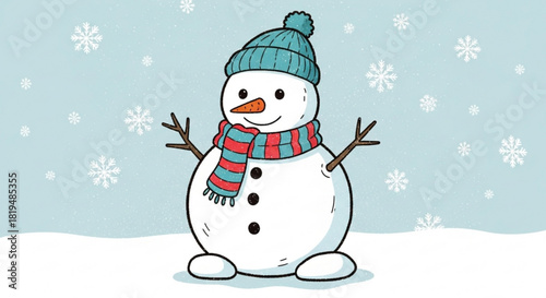 Cheerful snowman with a hat and scarf against a wintery scene, perfect for holiday cards and festive designs, originally created as a scalable vector graphic