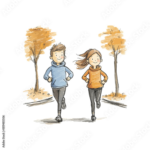 jogging couple in the park hand drawn vector illustration