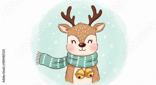 Adorable festive reindeer wearing cozy scarf with jingle bells, spreading holiday cheer for Christmas cards and winter promotions, a heartwarming seasonal icon