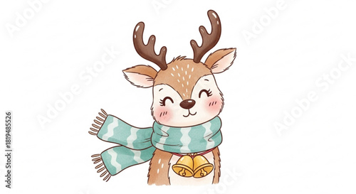 Adorable cartoon reindeer with rosy cheeks, scarf, and bells, perfect for holiday cards, cheerful winter themes, and festive designs to bring joy