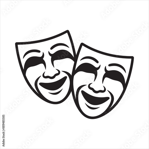 Two simple black line art comedy emotion face masks overlap one another