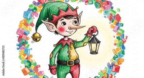 Magical Christmas elf with a lantern surrounded by colorful toys, bringing joy and holiday cheer, a whimsical character illustration in vector format
