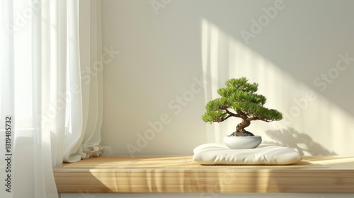 Small Green Bonsai Tree in White Pot on Wooden Surface Near Sunlit Window