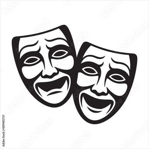 Two theatrical face masks express both joy and sorrow in bold black silhouette