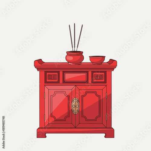 Stylized red altar with joss sticks and offering bowls for spiritual purposes