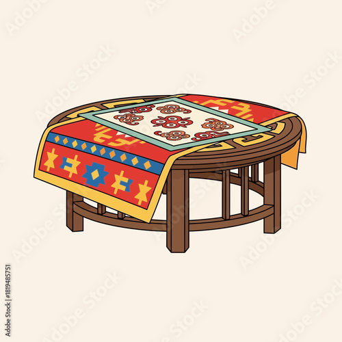 Stylized Illustration of a Wooden Table Draped with a Patterned Cloth