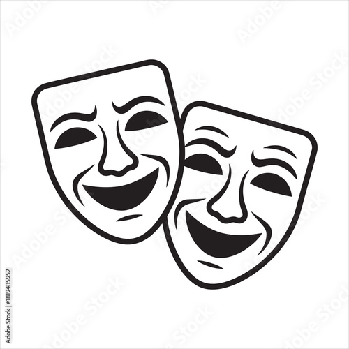 Two cheerful monochrome theater masks display mirth with smiles on a transparent background